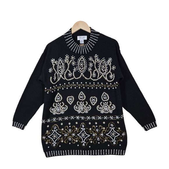 Vintage Sweaters - VTG Margules Sweater sz M Black Heavily Beaded Pearl Front Mock Neck Grandmacore
